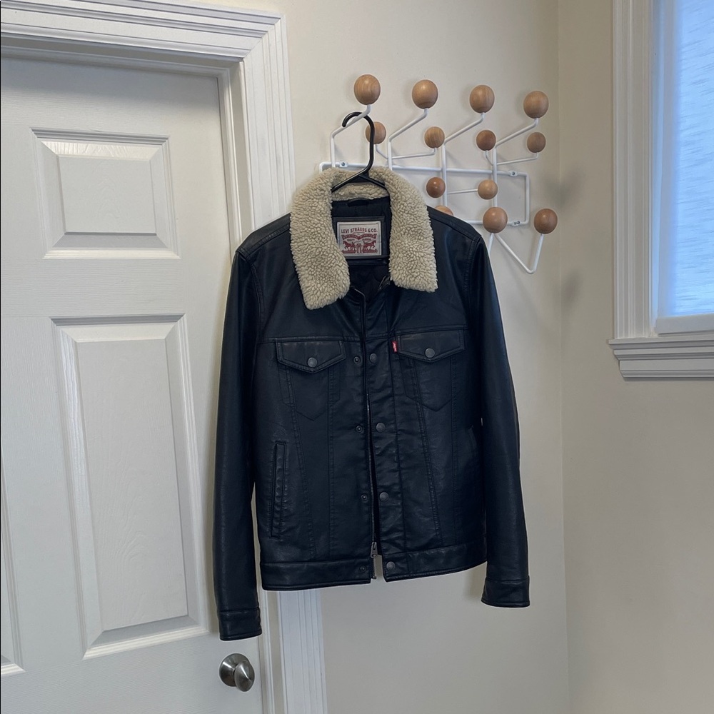 Levi's - "Leather" Style Bomber Jacket with Fur Trim on Label - Black - S